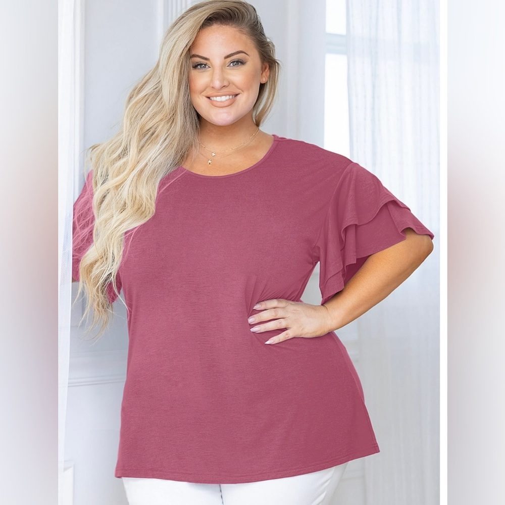 SHOWMALL Plus Size Women’s Double Ruffle Short Sleeve Tunic Shirt